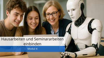 Nun wird es immer konkreter. Sie lernen nun, wie Sie konkret die kleinere Form wissenschaftlicher Arbeiten wie Hausarbeiten und Seminararbeiten in Ihre Lehrveranstaltungen einbinden und betreuen können, so dass Ihre Studierenden KI sinnvoll zur Unterstützung ihres Lernens und Arbeitens einsetzen.